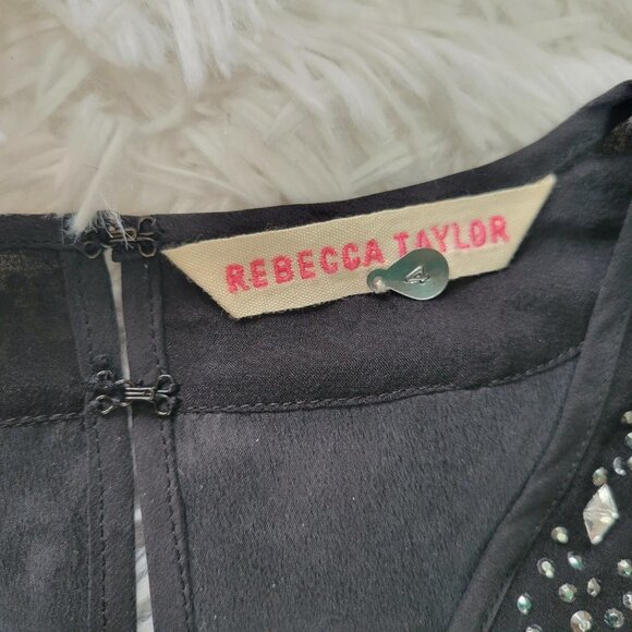 Rebecca Taylor 100% Silk Black Top with Embellished Sleeves - Size 4 - Picture 7 of 13